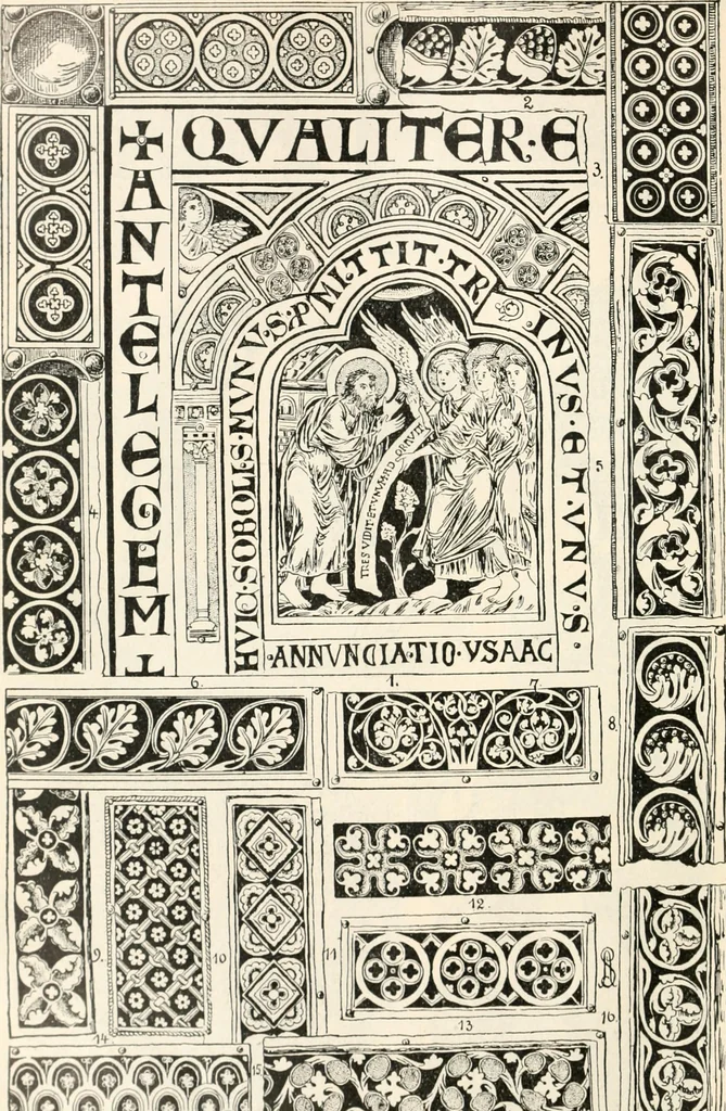 An illustration from Styles of ornament, exhibited in designs, and arranged in historical order, with descriptive text. A handbook for architects, designers, painters, sculptors, wood-carvers, chasers, modellers, cabinet-makers and artistic locksmiths as well as also for technical schools, libraries and private study, 1910, leaf 169