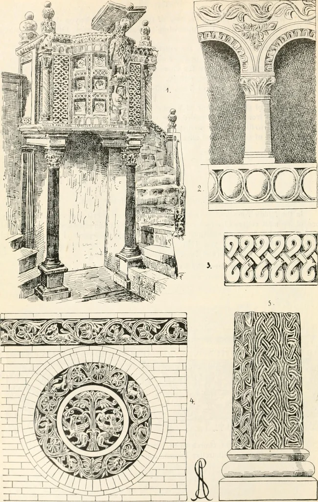 An illustration from Styles of ornament, exhibited in designs, and arranged in historical order, with descriptive text. A handbook for architects, designers, painters, sculptors, wood-carvers, chasers, modellers, cabinet-makers and artistic locksmiths as well as also for technical schools, libraries and private study, 1910, leaf 171
