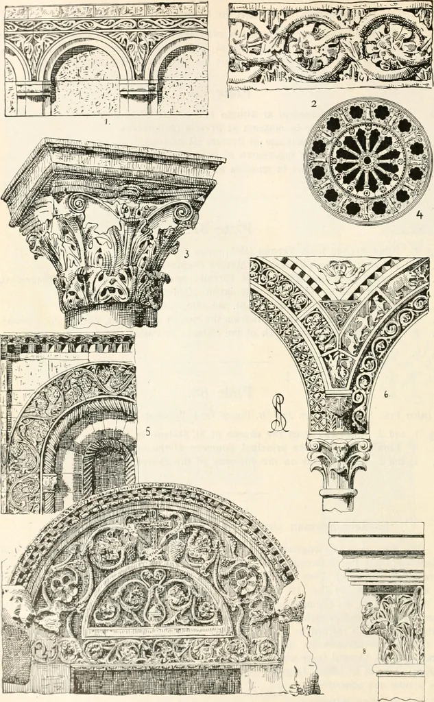 An illustration from Styles of ornament, exhibited in designs, and arranged in historical order, with descriptive text. A handbook for architects, designers, painters, sculptors, wood-carvers, chasers, modellers, cabinet-makers and artistic locksmiths as well as also for technical schools, libraries and private study, 1910, leaf 173