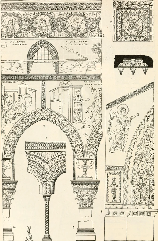 An illustration from Styles of ornament, exhibited in designs, and arranged in historical order, with descriptive text. A handbook for architects, designers, painters, sculptors, wood-carvers, chasers, modellers, cabinet-makers and artistic locksmiths as well as also for technical schools, libraries and private study, 1910, leaf 175