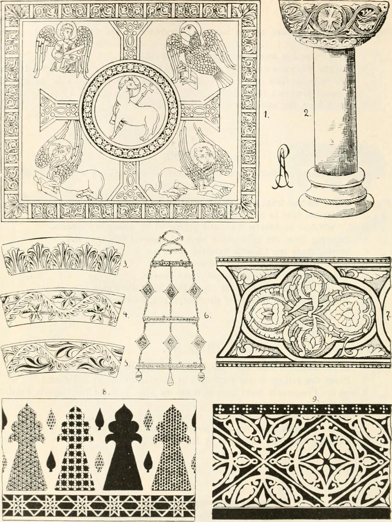 An illustration from Styles of ornament, exhibited in designs, and arranged in historical order, with descriptive text. A handbook for architects, designers, painters, sculptors, wood-carvers, chasers, modellers, cabinet-makers and artistic locksmiths as well as also for technical schools, libraries and private study, 1910, leaf 177