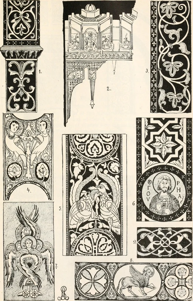 An illustration from Styles of ornament, exhibited in designs, and arranged in historical order, with descriptive text. A handbook for architects, designers, painters, sculptors, wood-carvers, chasers, modellers, cabinet-makers and artistic locksmiths as well as also for technical schools, libraries and private study, 1910, leaf 178