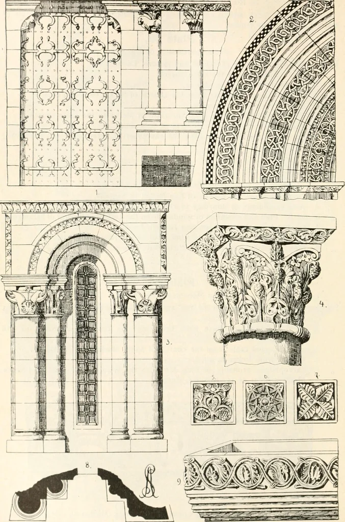 An illustration from Styles of ornament, exhibited in designs, and arranged in historical order, with descriptive text. A handbook for architects, designers, painters, sculptors, wood-carvers, chasers, modellers, cabinet-makers and artistic locksmiths as well as also for technical schools, libraries and private study, 1910, leaf 181