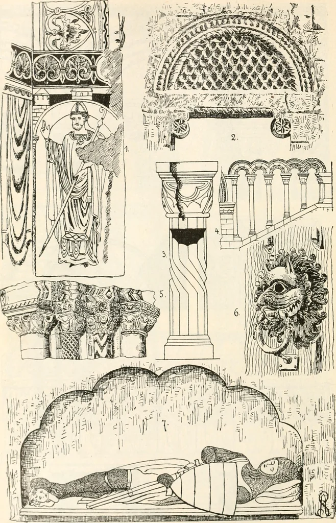 An illustration from Styles of ornament, exhibited in designs, and arranged in historical order, with descriptive text. A handbook for architects, designers, painters, sculptors, wood-carvers, chasers, modellers, cabinet-makers and artistic locksmiths as well as also for technical schools, libraries and private study, 1910, leaf 183