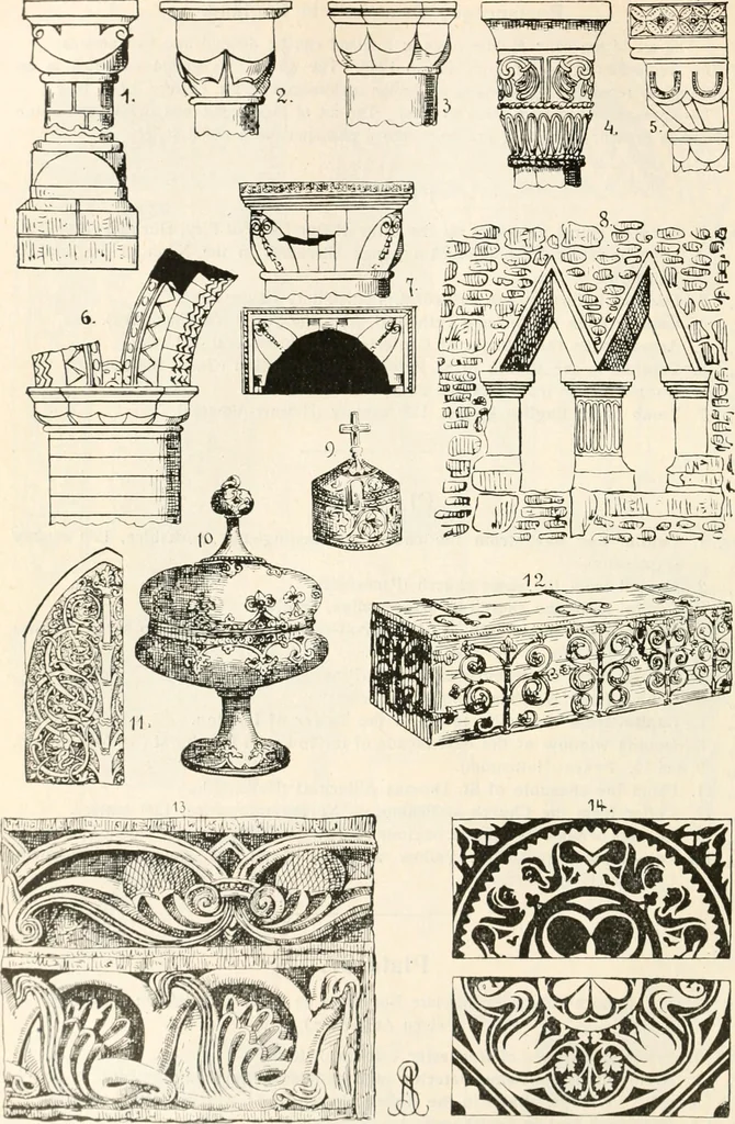 An illustration from Styles of ornament, exhibited in designs, and arranged in historical order, with descriptive text. A handbook for architects, designers, painters, sculptors, wood-carvers, chasers, modellers, cabinet-makers and artistic locksmiths as well as also for technical schools, libraries and private study, 1910, leaf 185