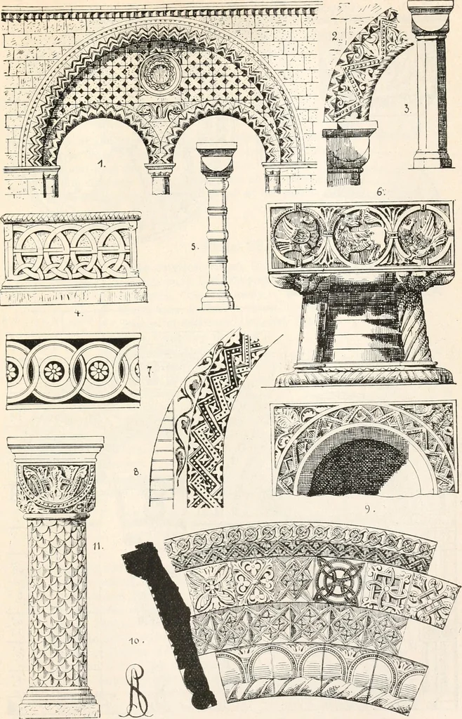 An illustration from Styles of ornament, exhibited in designs, and arranged in historical order, with descriptive text. A handbook for architects, designers, painters, sculptors, wood-carvers, chasers, modellers, cabinet-makers and artistic locksmiths as well as also for technical schools, libraries and private study, 1910, leaf 186