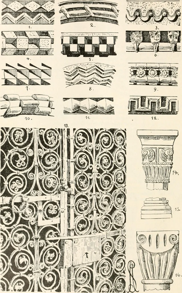 An illustration from Styles of ornament, exhibited in designs, and arranged in historical order, with descriptive text. A handbook for architects, designers, painters, sculptors, wood-carvers, chasers, modellers, cabinet-makers and artistic locksmiths as well as also for technical schools, libraries and private study, 1910, leaf 189
