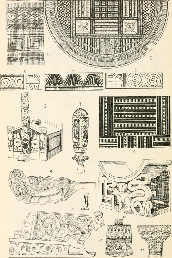 An illustration from Styles of ornament, exhibited in designs, and arranged in historical order, with descriptive text. A handbook for architects, designers, painters, sculptors, wood-carvers, chasers, modellers, cabinet-makers and artistic locksmiths as well as also for technical schools, libraries and private study, 1910, leaf 19