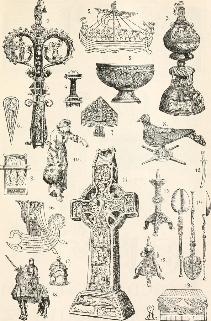 An illustration from Styles of ornament, exhibited in designs, and arranged in historical order, with descriptive text. A handbook for architects, designers, painters, sculptors, wood-carvers, chasers, modellers, cabinet-makers and artistic locksmiths as well as also for technical schools, libraries and private study, 1910, leaf 190