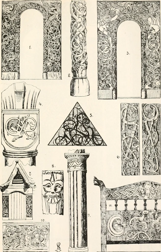 An illustration from Styles of ornament, exhibited in designs, and arranged in historical order, with descriptive text. A handbook for architects, designers, painters, sculptors, wood-carvers, chasers, modellers, cabinet-makers and artistic locksmiths as well as also for technical schools, libraries and private study, 1910, leaf 196