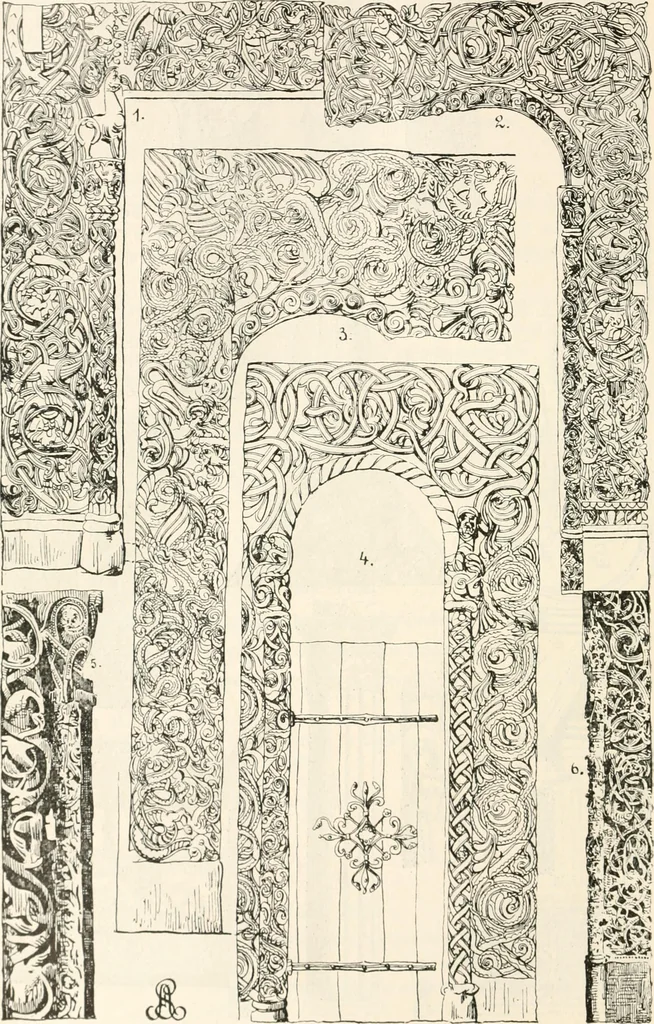 An illustration from Styles of ornament, exhibited in designs, and arranged in historical order, with descriptive text. A handbook for architects, designers, painters, sculptors, wood-carvers, chasers, modellers, cabinet-makers and artistic locksmiths as well as also for technical schools, libraries and private study, 1910, leaf 197