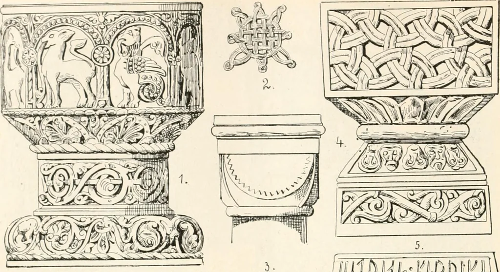 An illustration from Styles of ornament, exhibited in designs, and arranged in historical order, with descriptive text. A handbook for architects, designers, painters, sculptors, wood-carvers, chasers, modellers, cabinet-makers and artistic locksmiths as well as also for technical schools, libraries and private study, 1910, leaf 199