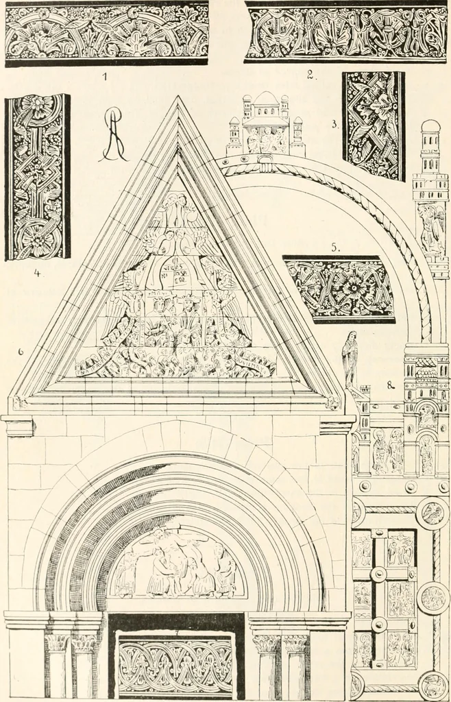 An illustration from Styles of ornament, exhibited in designs, and arranged in historical order, with descriptive text. A handbook for architects, designers, painters, sculptors, wood-carvers, chasers, modellers, cabinet-makers and artistic locksmiths as well as also for technical schools, libraries and private study, 1910, leaf 201