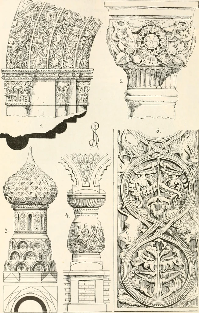 An illustration from Styles of ornament, exhibited in designs, and arranged in historical order, with descriptive text. A handbook for architects, designers, painters, sculptors, wood-carvers, chasers, modellers, cabinet-makers and artistic locksmiths as well as also for technical schools, libraries and private study, 1910, leaf 203