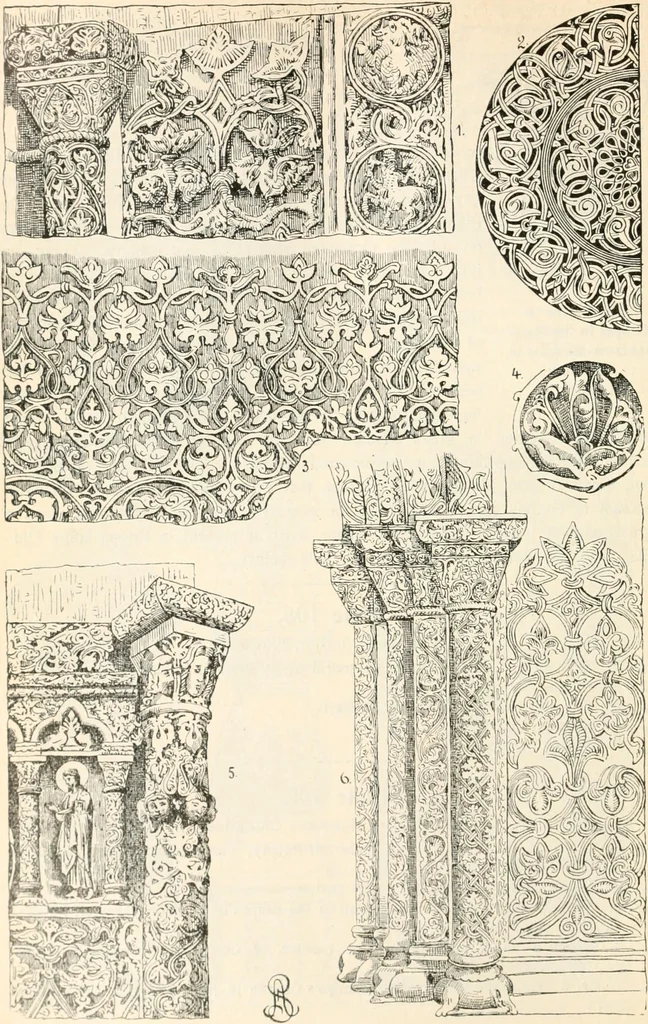 An illustration from Styles of ornament, exhibited in designs, and arranged in historical order, with descriptive text. A handbook for architects, designers, painters, sculptors, wood-carvers, chasers, modellers, cabinet-makers and artistic locksmiths as well as also for technical schools, libraries and private study, 1910, leaf 205