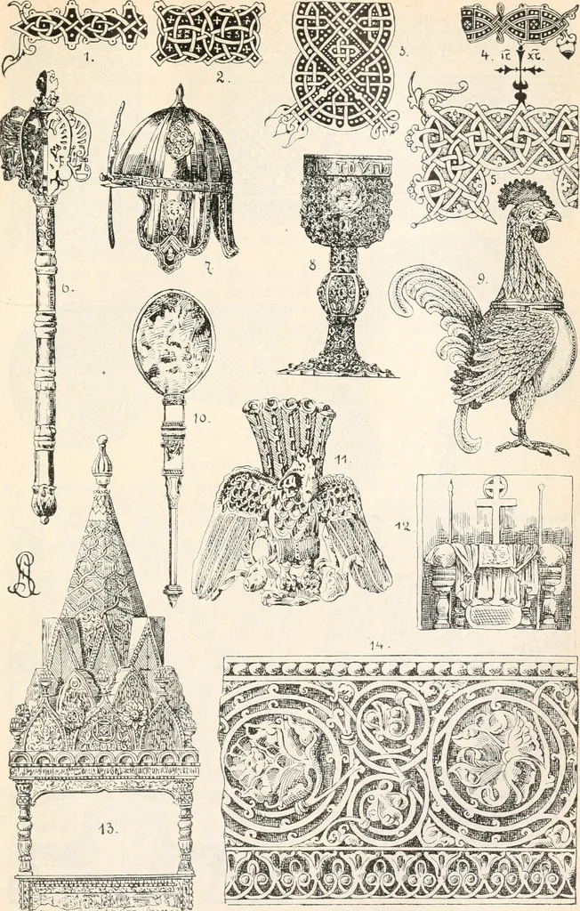 An illustration from Styles of ornament, exhibited in designs, and arranged in historical order, with descriptive text. A handbook for architects, designers, painters, sculptors, wood-carvers, chasers, modellers, cabinet-makers and artistic locksmiths as well as also for technical schools, libraries and private study, 1910, leaf 206