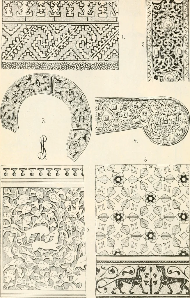 An illustration from Styles of ornament, exhibited in designs, and arranged in historical order, with descriptive text. A handbook for architects, designers, painters, sculptors, wood-carvers, chasers, modellers, cabinet-makers and artistic locksmiths as well as also for technical schools, libraries and private study, 1910, leaf 207