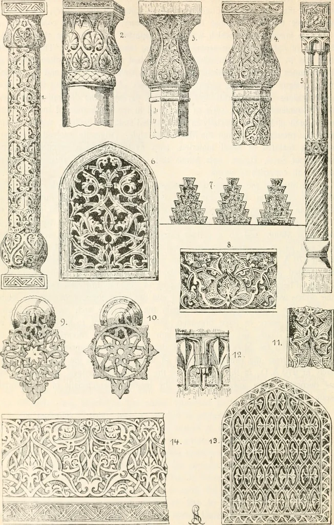 An illustration from Styles of ornament, exhibited in designs, and arranged in historical order, with descriptive text. A handbook for architects, designers, painters, sculptors, wood-carvers, chasers, modellers, cabinet-makers and artistic locksmiths as well as also for technical schools, libraries and private study, 1910, leaf 211