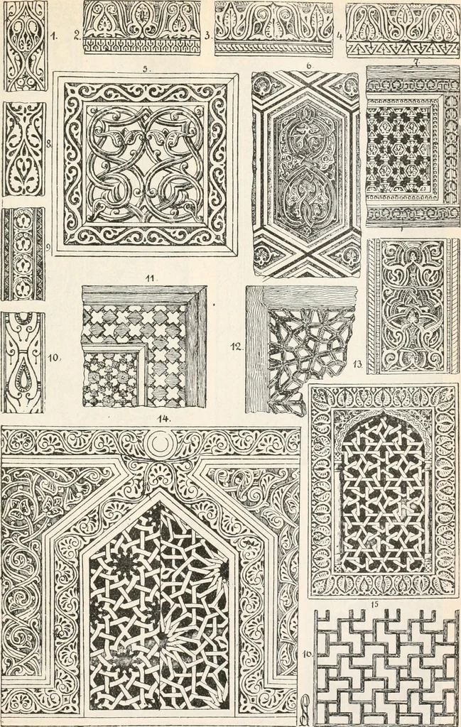 An illustration from Styles of ornament, exhibited in designs, and arranged in historical order, with descriptive text. A handbook for architects, designers, painters, sculptors, wood-carvers, chasers, modellers, cabinet-makers and artistic locksmiths as well as also for technical schools, libraries and private study, 1910, leaf 212