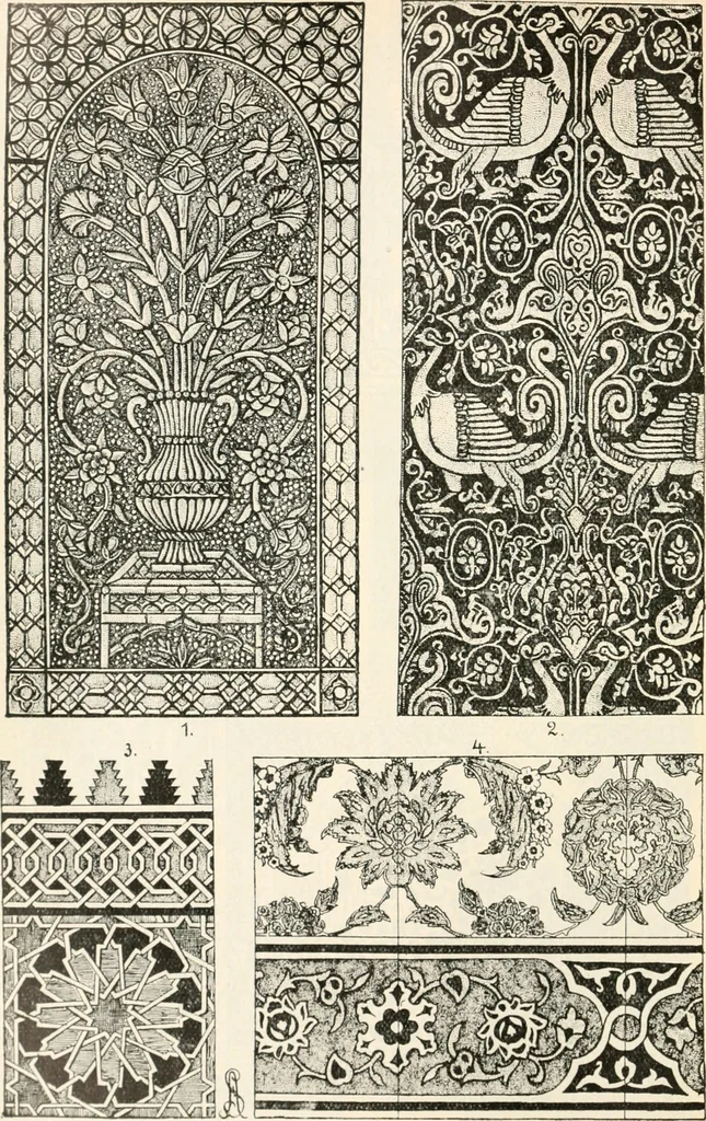 An illustration from Styles of ornament, exhibited in designs, and arranged in historical order, with descriptive text. A handbook for architects, designers, painters, sculptors, wood-carvers, chasers, modellers, cabinet-makers and artistic locksmiths as well as also for technical schools, libraries and private study, 1910, leaf 213