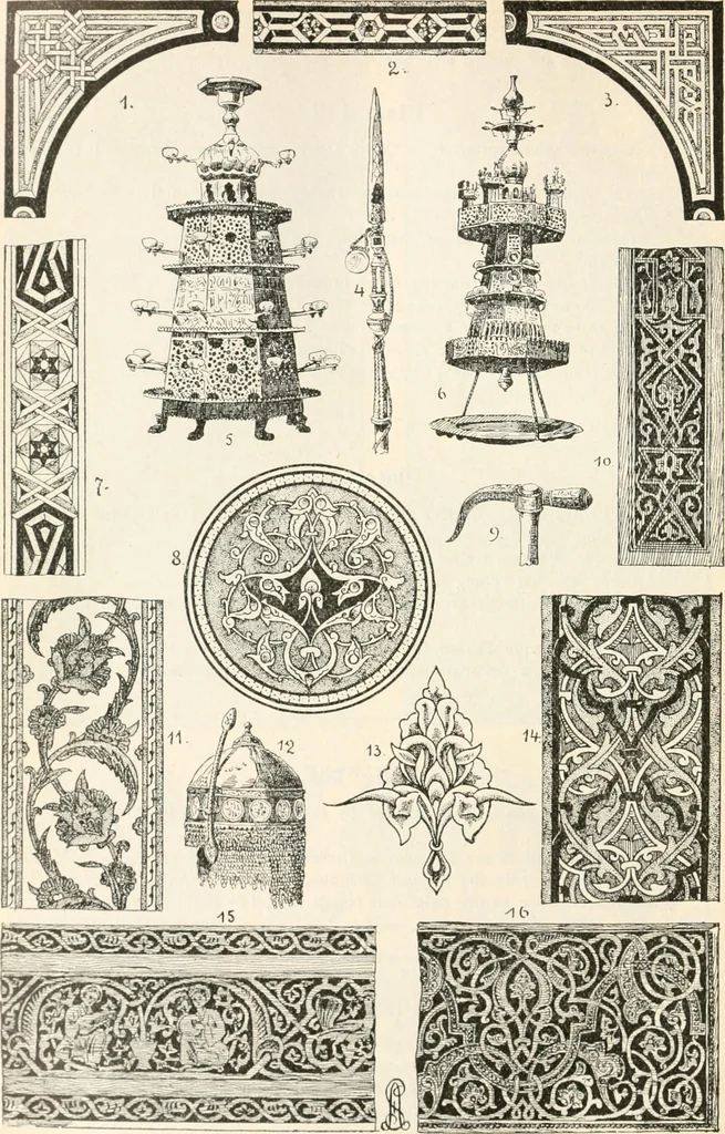 An illustration from Styles of ornament, exhibited in designs, and arranged in historical order, with descriptive text. A handbook for architects, designers, painters, sculptors, wood-carvers, chasers, modellers, cabinet-makers and artistic locksmiths as well as also for technical schools, libraries and private study, 1910, leaf 215