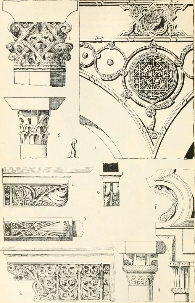 An illustration from Styles of ornament, exhibited in designs, and arranged in historical order, with descriptive text. A handbook for architects, designers, painters, sculptors, wood-carvers, chasers, modellers, cabinet-makers and artistic locksmiths as well as also for technical schools, libraries and private study, 1910, leaf 217