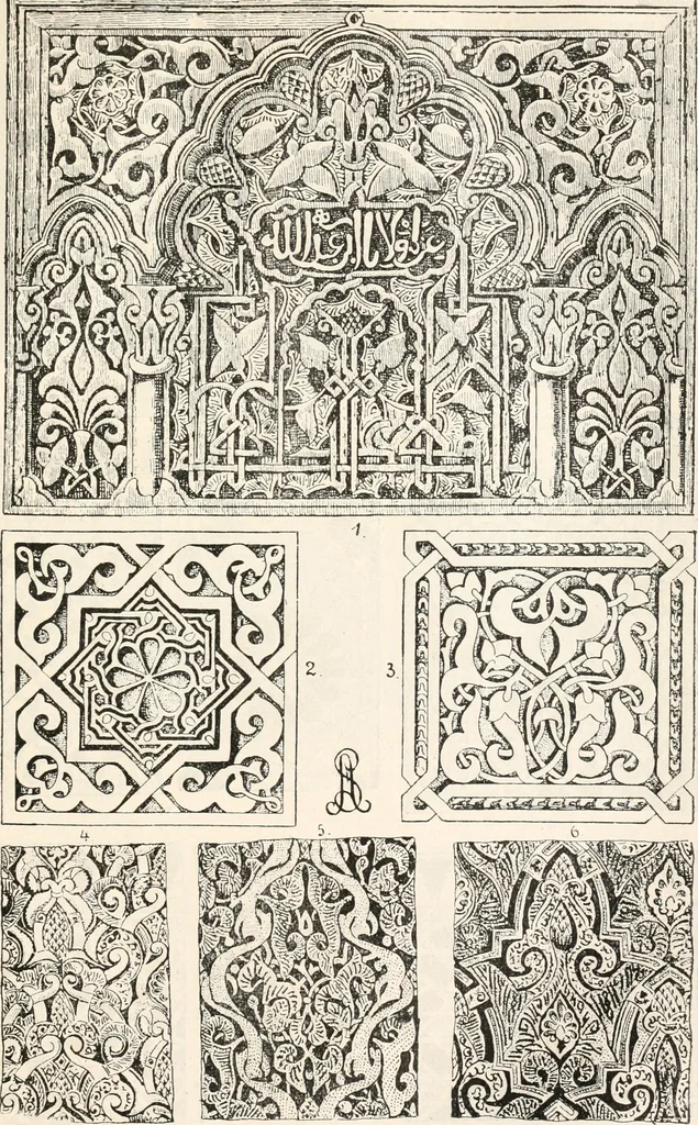 An illustration from Styles of ornament, exhibited in designs, and arranged in historical order, with descriptive text. A handbook for architects, designers, painters, sculptors, wood-carvers, chasers, modellers, cabinet-makers and artistic locksmiths as well as also for technical schools, libraries and private study, 1910, leaf 220