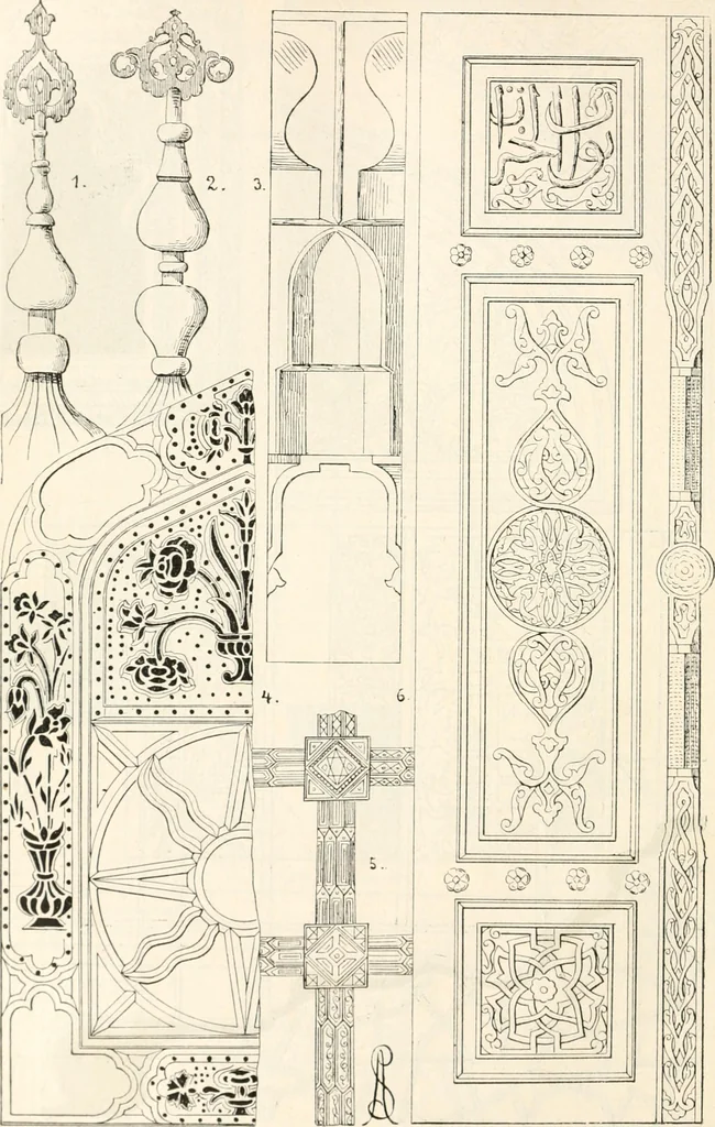 An illustration from Styles of ornament, exhibited in designs, and arranged in historical order, with descriptive text. A handbook for architects, designers, painters, sculptors, wood-carvers, chasers, modellers, cabinet-makers and artistic locksmiths as well as also for technical schools, libraries and private study, 1910, leaf 229