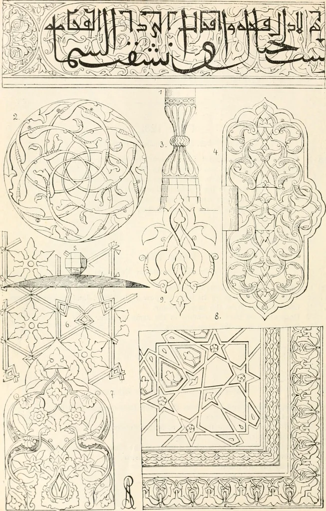 An illustration from Styles of ornament, exhibited in designs, and arranged in historical order, with descriptive text. A handbook for architects, designers, painters, sculptors, wood-carvers, chasers, modellers, cabinet-makers and artistic locksmiths as well as also for technical schools, libraries and private study, 1910, leaf 231