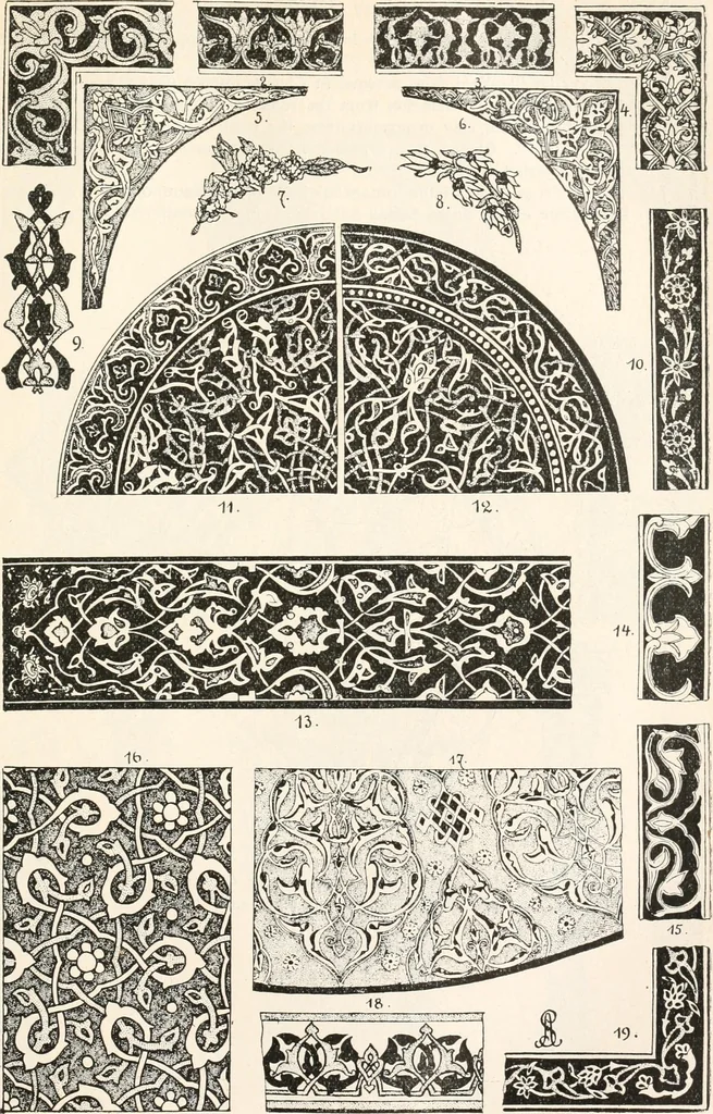 An illustration from Styles of ornament, exhibited in designs, and arranged in historical order, with descriptive text. A handbook for architects, designers, painters, sculptors, wood-carvers, chasers, modellers, cabinet-makers and artistic locksmiths as well as also for technical schools, libraries and private study, 1910, leaf 232