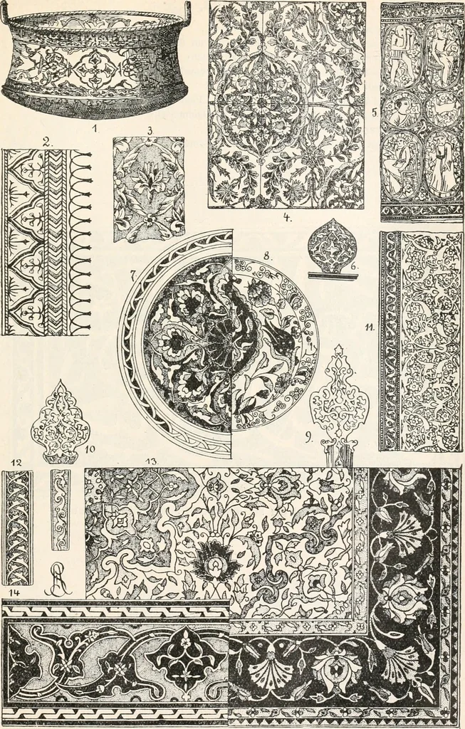 An illustration from Styles of ornament, exhibited in designs, and arranged in historical order, with descriptive text. A handbook for architects, designers, painters, sculptors, wood-carvers, chasers, modellers, cabinet-makers and artistic locksmiths as well as also for technical schools, libraries and private study, 1910, leaf 238