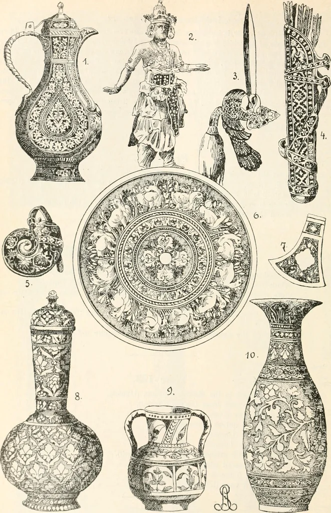 An illustration from Styles of ornament, exhibited in designs, and arranged in historical order, with descriptive text. A handbook for architects, designers, painters, sculptors, wood-carvers, chasers, modellers, cabinet-makers and artistic locksmiths as well as also for technical schools, libraries and private study, 1910, leaf 243
