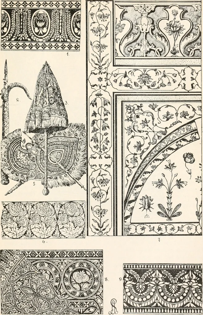 An illustration from Styles of ornament, exhibited in designs, and arranged in historical order, with descriptive text. A handbook for architects, designers, painters, sculptors, wood-carvers, chasers, modellers, cabinet-makers and artistic locksmiths as well as also for technical schools, libraries and private study, 1910, leaf 244