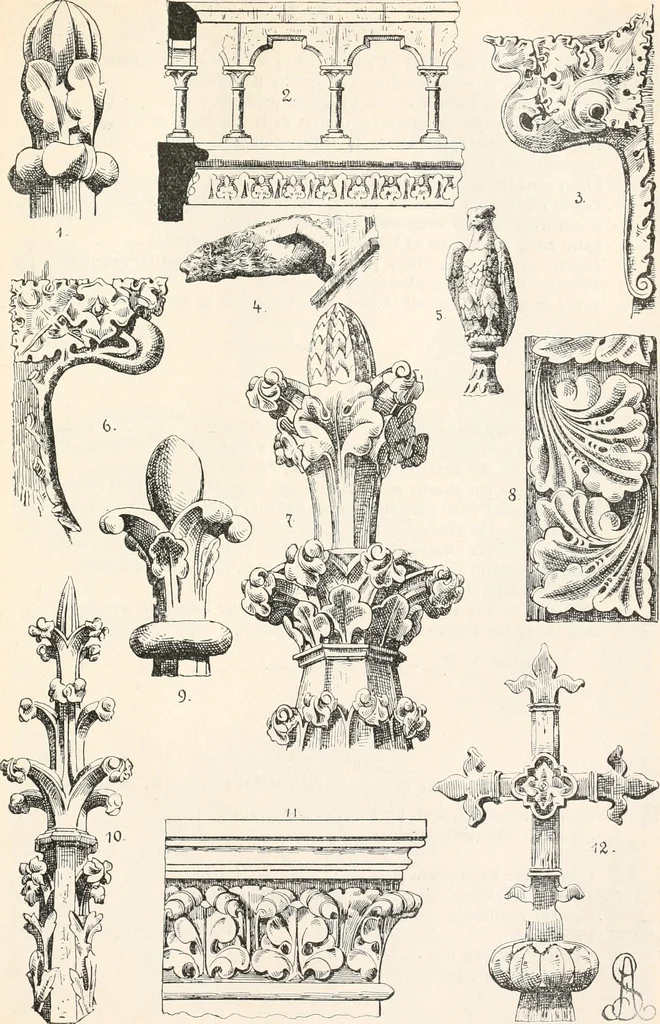 An illustration from Styles of ornament, exhibited in designs, and arranged in historical order, with descriptive text. A handbook for architects, designers, painters, sculptors, wood-carvers, chasers, modellers, cabinet-makers and artistic locksmiths as well as also for technical schools, libraries and private study, 1910, leaf 250