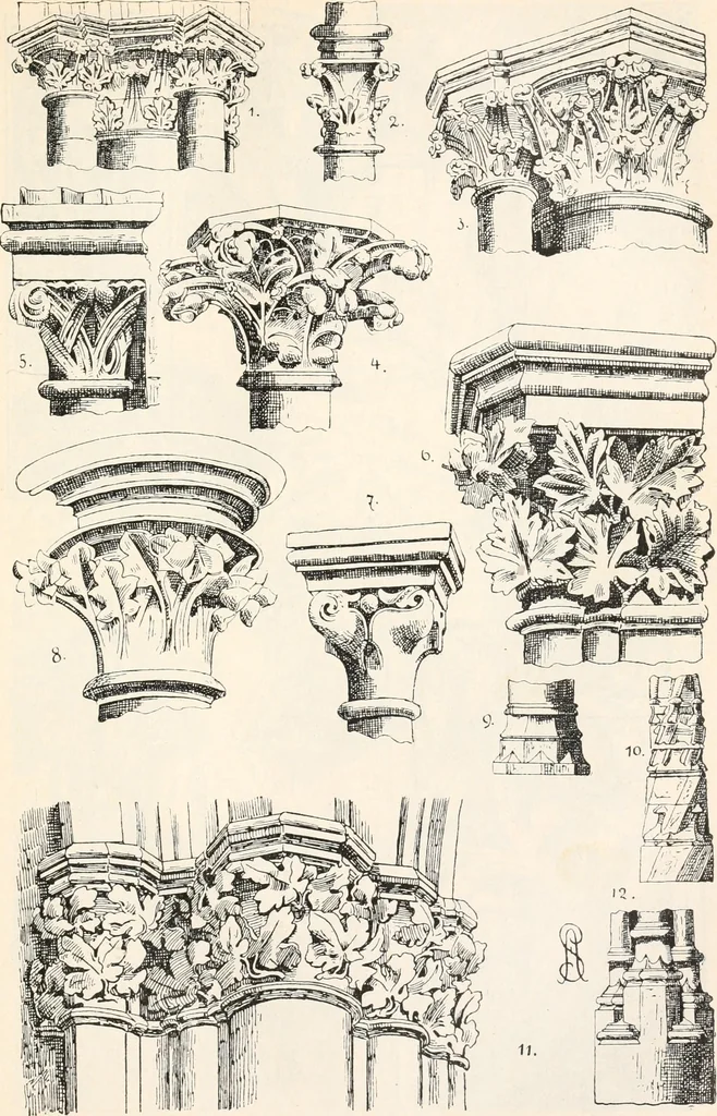 An illustration from Styles of ornament, exhibited in designs, and arranged in historical order, with descriptive text. A handbook for architects, designers, painters, sculptors, wood-carvers, chasers, modellers, cabinet-makers and artistic locksmiths as well as also for technical schools, libraries and private study, 1910, leaf 252