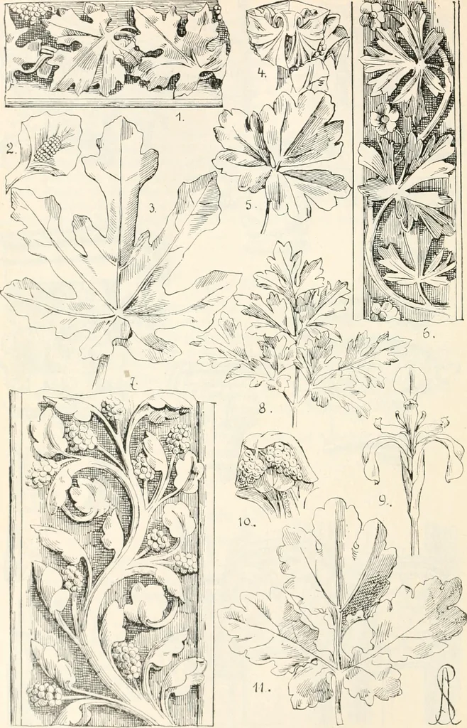 An illustration from Styles of ornament, exhibited in designs, and arranged in historical order, with descriptive text. A handbook for architects, designers, painters, sculptors, wood-carvers, chasers, modellers, cabinet-makers and artistic locksmiths as well as also for technical schools, libraries and private study, 1910, leaf 253