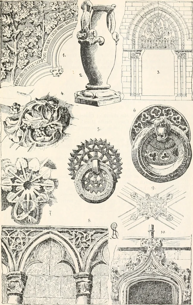 An illustration from Styles of ornament, exhibited in designs, and arranged in historical order, with descriptive text. A handbook for architects, designers, painters, sculptors, wood-carvers, chasers, modellers, cabinet-makers and artistic locksmiths as well as also for technical schools, libraries and private study, 1910, leaf 254