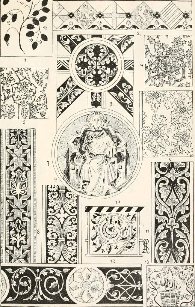 An illustration from Styles of ornament, exhibited in designs, and arranged in historical order, with descriptive text. A handbook for architects, designers, painters, sculptors, wood-carvers, chasers, modellers, cabinet-makers and artistic locksmiths as well as also for technical schools, libraries and private study, 1910, leaf 256