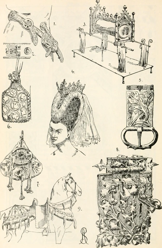 An illustration from Styles of ornament, exhibited in designs, and arranged in historical order, with descriptive text. A handbook for architects, designers, painters, sculptors, wood-carvers, chasers, modellers, cabinet-makers and artistic locksmiths as well as also for technical schools, libraries and private study, 1910, leaf 257