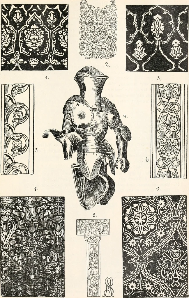 An illustration from Styles of ornament, exhibited in designs, and arranged in historical order, with descriptive text. A handbook for architects, designers, painters, sculptors, wood-carvers, chasers, modellers, cabinet-makers and artistic locksmiths as well as also for technical schools, libraries and private study, 1910, leaf 258