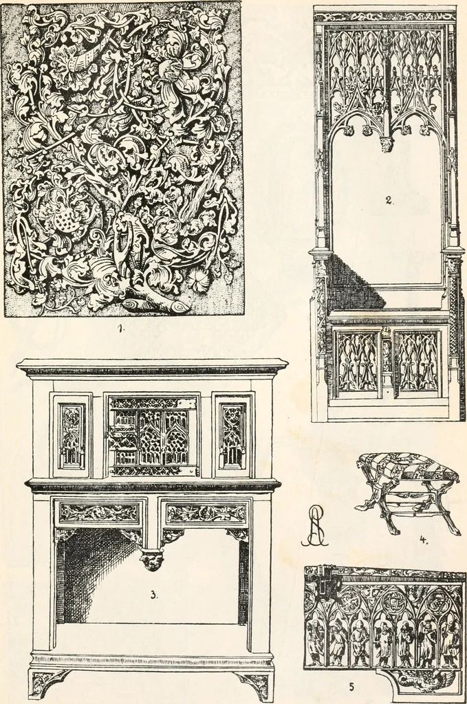 An illustration from Styles of ornament, exhibited in designs, and arranged in historical order, with descriptive text. A handbook for architects, designers, painters, sculptors, wood-carvers, chasers, modellers, cabinet-makers and artistic locksmiths as well as also for technical schools, libraries and private study, 1910, leaf 260