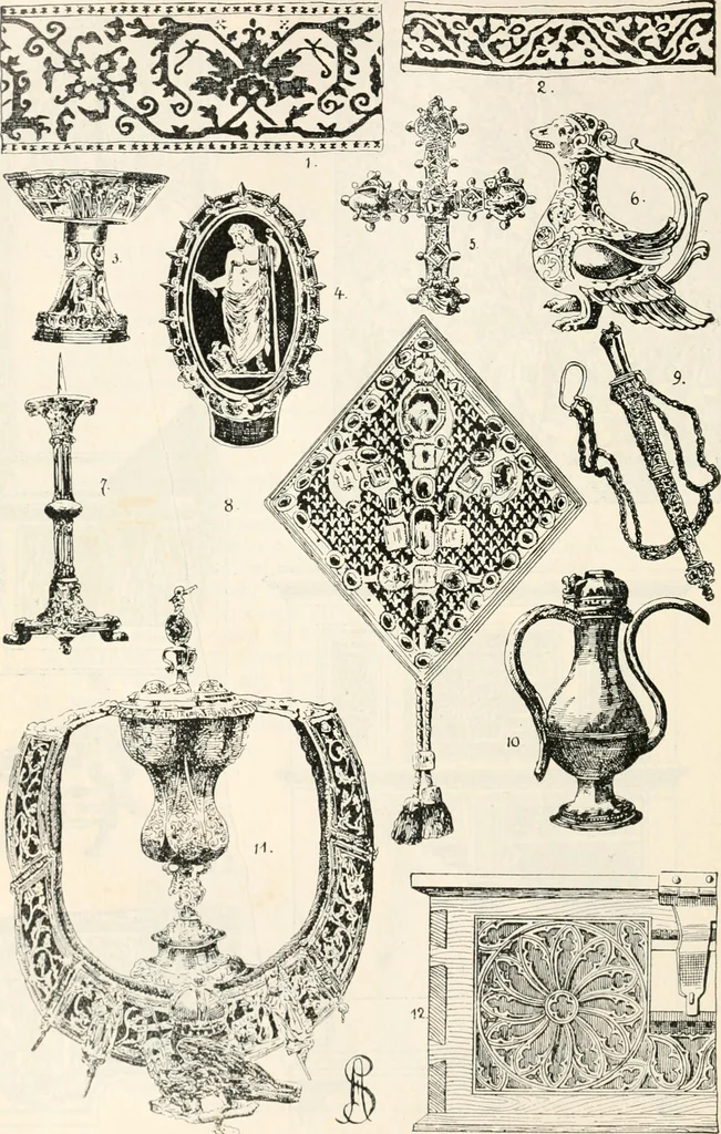 An illustration from Styles of ornament, exhibited in designs, and arranged in historical order, with descriptive text. A handbook for architects, designers, painters, sculptors, wood-carvers, chasers, modellers, cabinet-makers and artistic locksmiths as well as also for technical schools, libraries and private study, 1910, leaf 261
