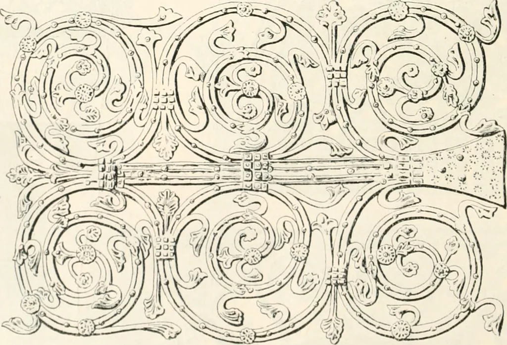 An illustration from Styles of ornament, exhibited in designs, and arranged in historical order, with descriptive text. A handbook for architects, designers, painters, sculptors, wood-carvers, chasers, modellers, cabinet-makers and artistic locksmiths as well as also for technical schools, libraries and private study, 1910, leaf 263