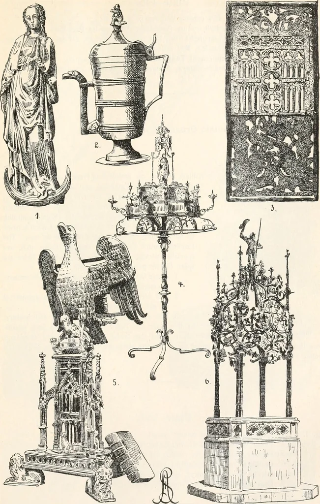 An illustration from Styles of ornament, exhibited in designs, and arranged in historical order, with descriptive text. A handbook for architects, designers, painters, sculptors, wood-carvers, chasers, modellers, cabinet-makers and artistic locksmiths as well as also for technical schools, libraries and private study, 1910, leaf 264