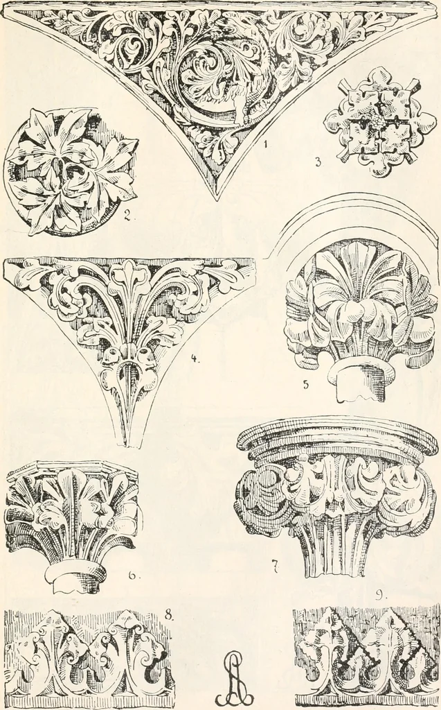 An illustration from Styles of ornament, exhibited in designs, and arranged in historical order, with descriptive text. A handbook for architects, designers, painters, sculptors, wood-carvers, chasers, modellers, cabinet-makers and artistic locksmiths as well as also for technical schools, libraries and private study, 1910, leaf 266