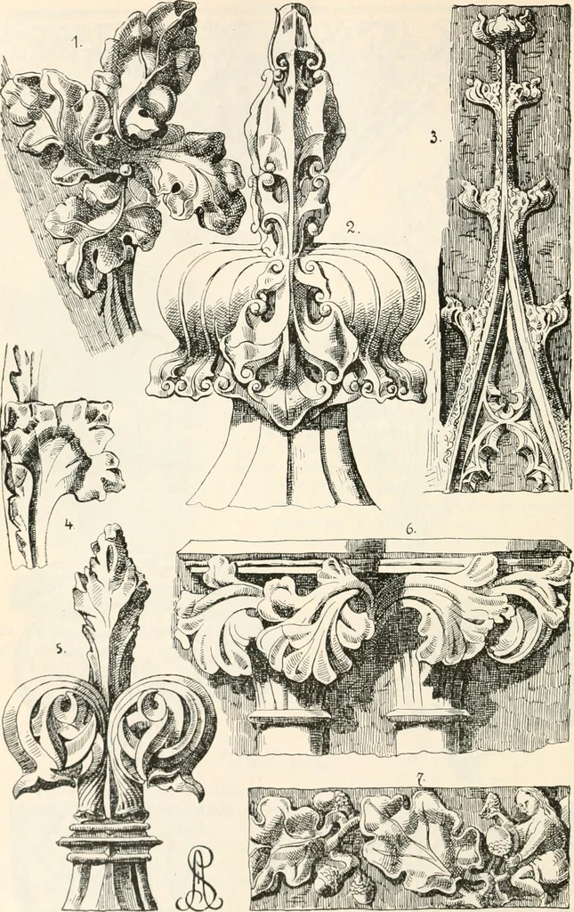 An illustration from Styles of ornament, exhibited in designs, and arranged in historical order, with descriptive text. A handbook for architects, designers, painters, sculptors, wood-carvers, chasers, modellers, cabinet-makers and artistic locksmiths as well as also for technical schools, libraries and private study, 1910, leaf 267
