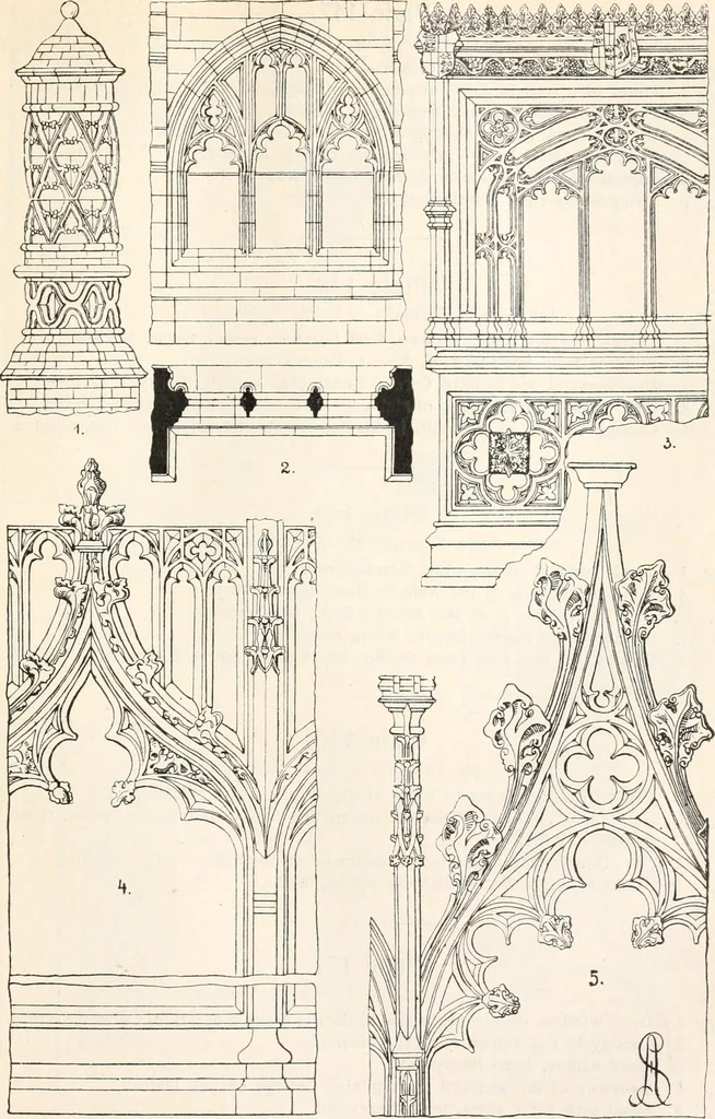 An illustration from Styles of ornament, exhibited in designs, and arranged in historical order, with descriptive text. A handbook for architects, designers, painters, sculptors, wood-carvers, chasers, modellers, cabinet-makers and artistic locksmiths as well as also for technical schools, libraries and private study, 1910, leaf 268