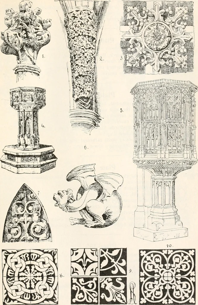 An illustration from Styles of ornament, exhibited in designs, and arranged in historical order, with descriptive text. A handbook for architects, designers, painters, sculptors, wood-carvers, chasers, modellers, cabinet-makers and artistic locksmiths as well as also for technical schools, libraries and private study, 1910, leaf 274