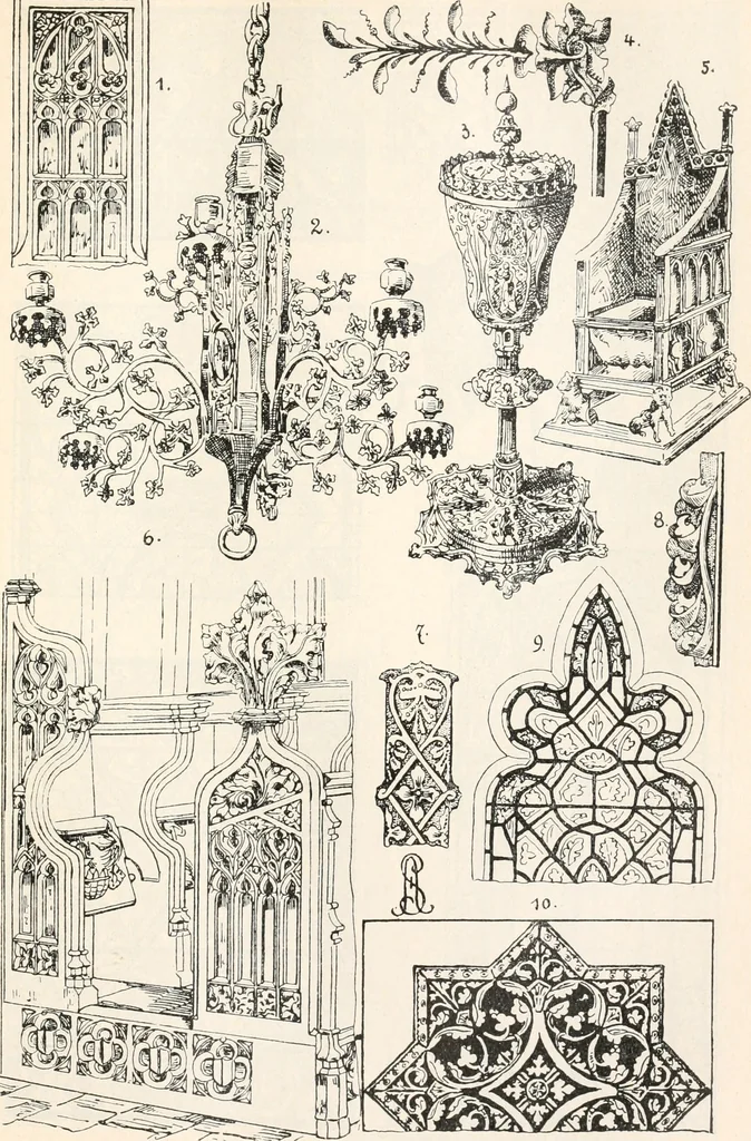 An illustration from Styles of ornament, exhibited in designs, and arranged in historical order, with descriptive text. A handbook for architects, designers, painters, sculptors, wood-carvers, chasers, modellers, cabinet-makers and artistic locksmiths as well as also for technical schools, libraries and private study, 1910, leaf 276