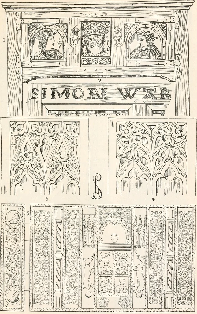 An illustration from Styles of ornament, exhibited in designs, and arranged in historical order, with descriptive text. A handbook for architects, designers, painters, sculptors, wood-carvers, chasers, modellers, cabinet-makers and artistic locksmiths as well as also for technical schools, libraries and private study, 1910, leaf 278